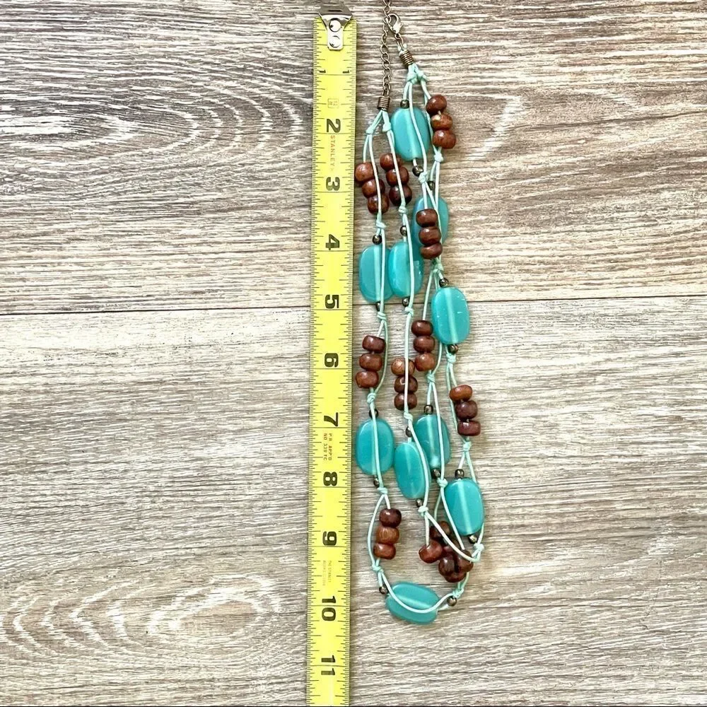 Blue and wood bead double strand necklace